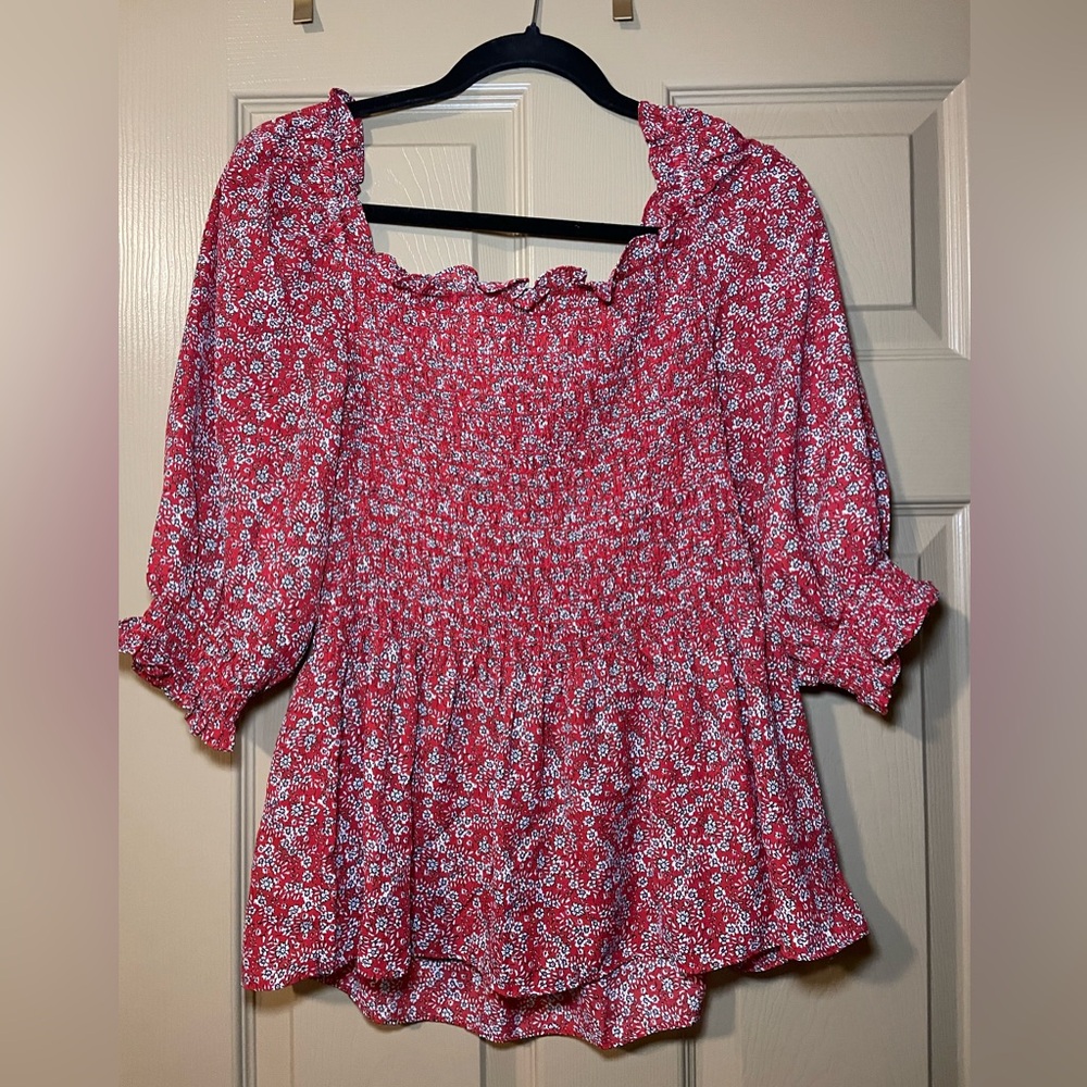 Max Studio Red Floral Smocked Square Neck Top